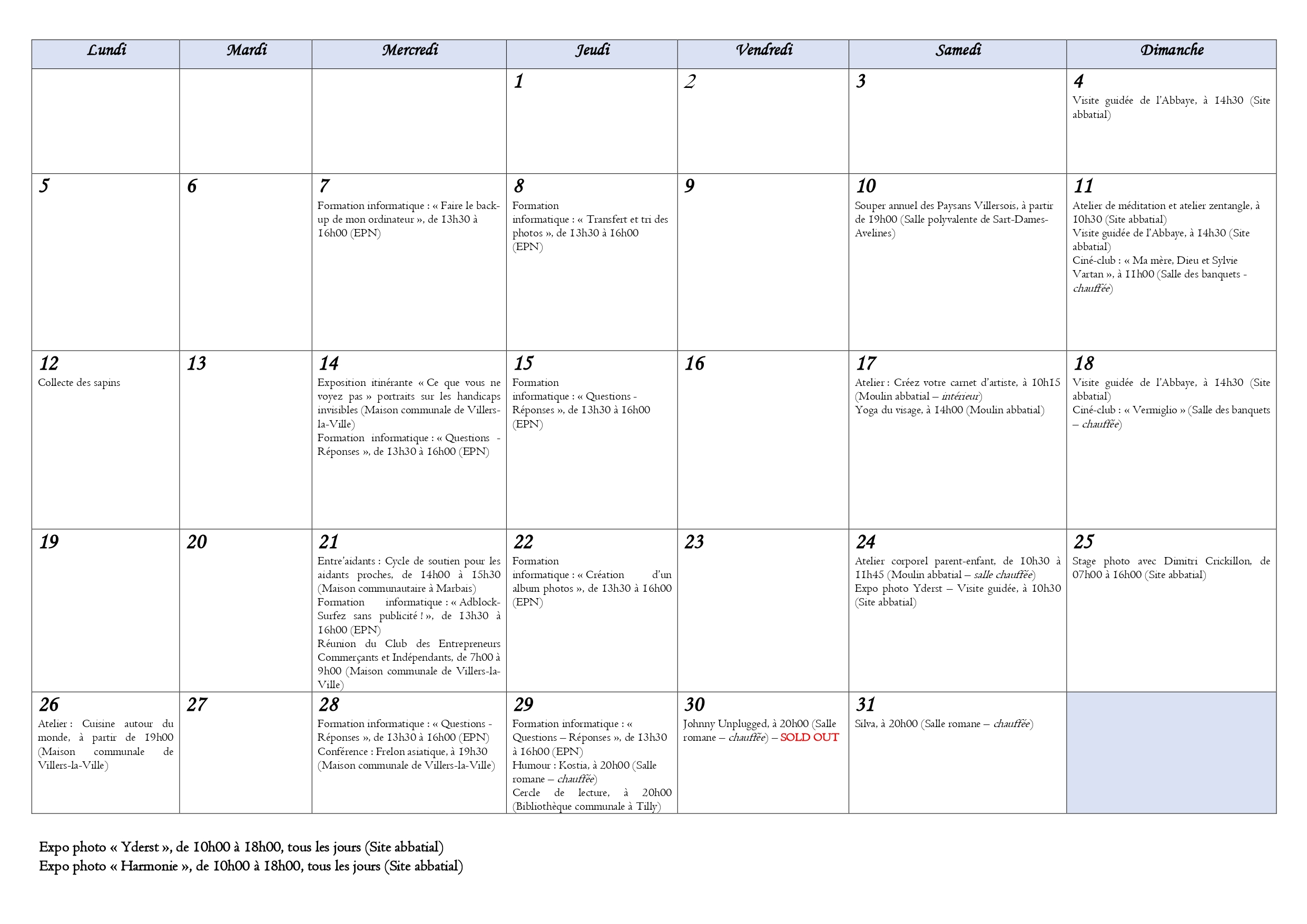 Calendrier événements janvier 2026